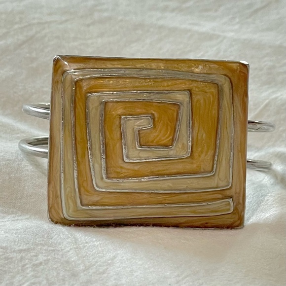 Modern Maze Design Square Enamel Gold Silver Cuff Bracelet - Picture 6 of 9
